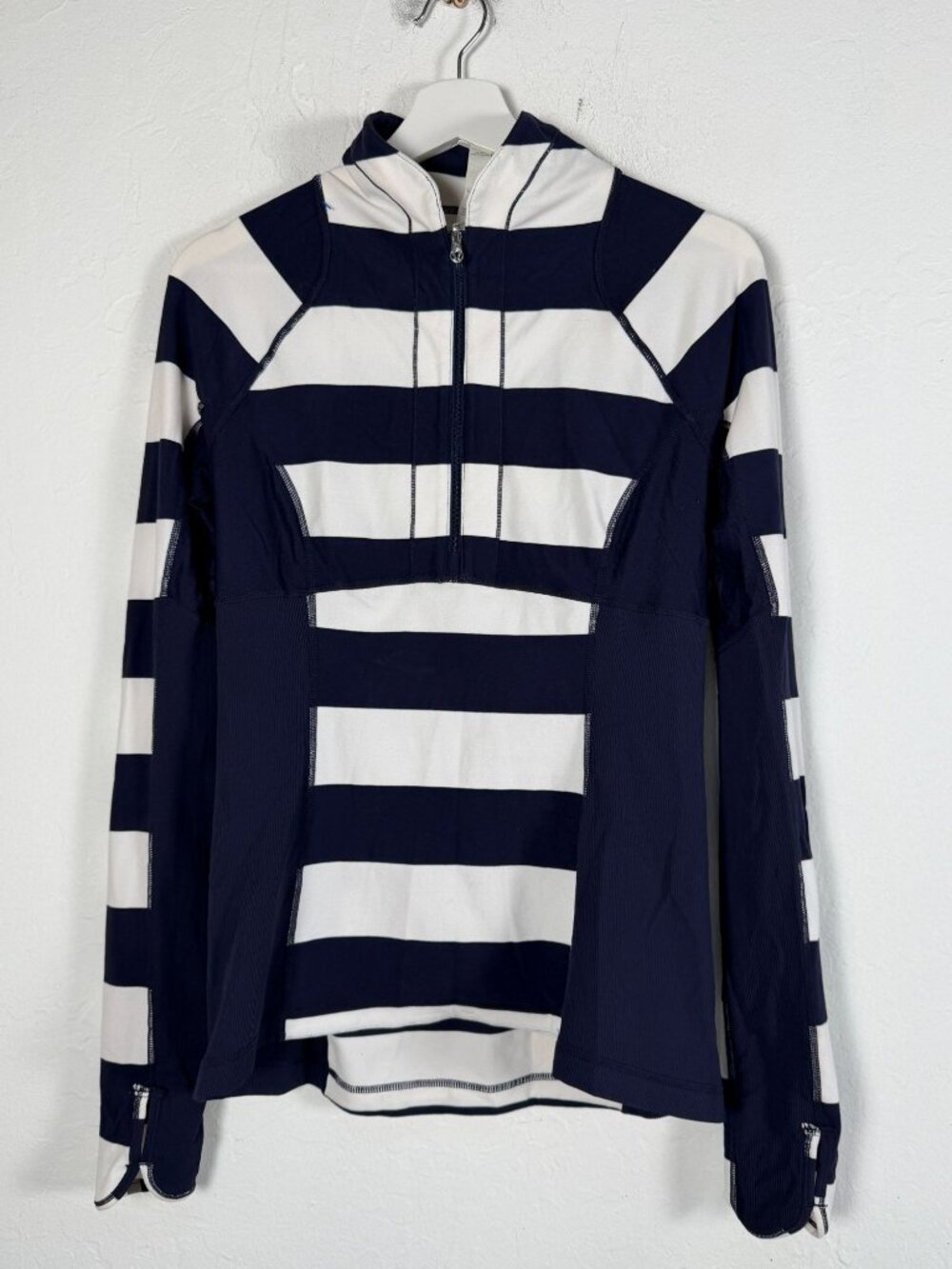 Lululemon Women's 8 Navy White Striped 1/2 Zip Pullover Thumbholes Running Top